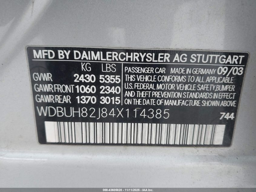 2004 Mercedes-Benz E 320 4Matic VIN: WDBUH82J84X114385 Lot: 43605828