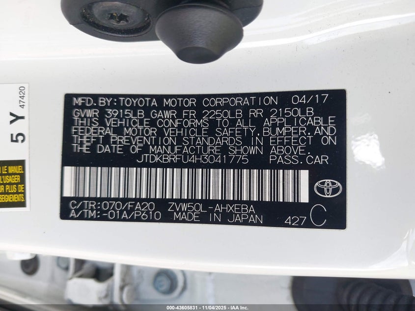 JTDKBRFU4H3041775 2017 TOYOTA PRIUS photo no. 9