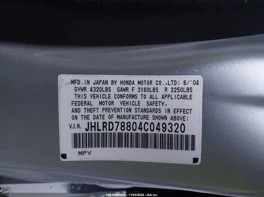 2004 Honda Cr-V Ex VIN: JHLRD78804C049320 Lot: 43605834