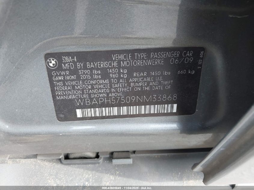 2009 BMW 328I VIN: WBAPH57509NM33868 Lot: 43605849