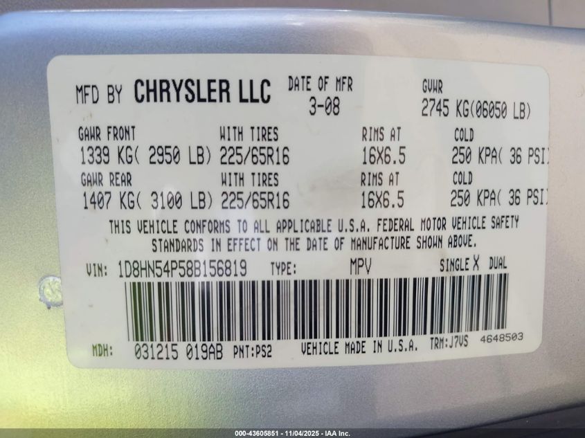 2008 Dodge Grand Caravan Sxt VIN: 1D8HN54P58B156819 Lot: 43605851