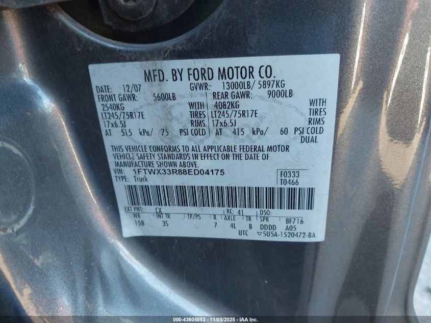 2008 Ford F-350 Fx4/Lariat/Xl/Xlt VIN: 1FTWX33R88ED04175 Lot: 43605853