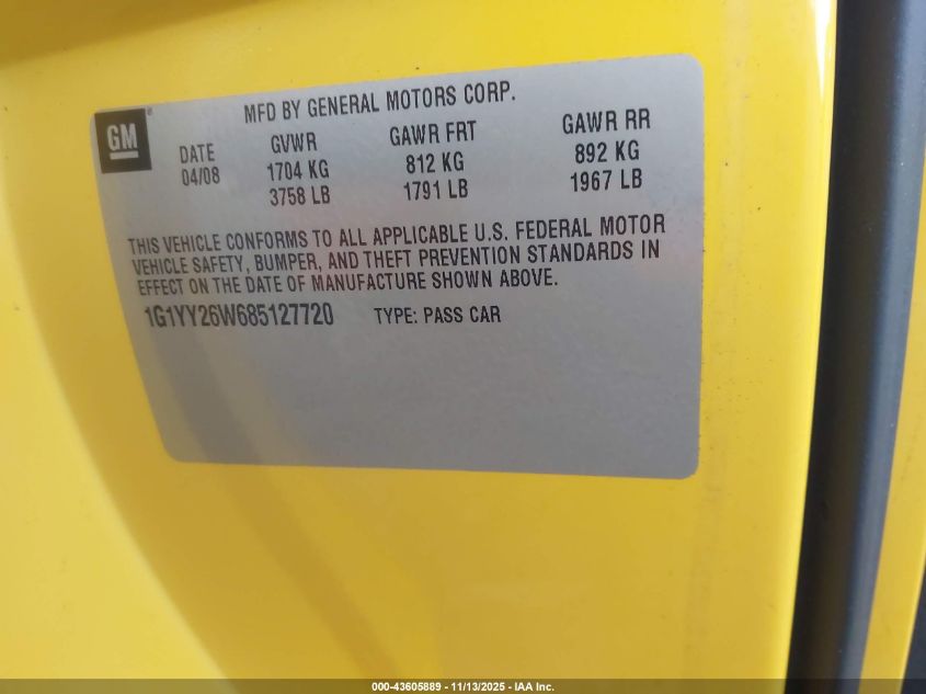 2008 Chevrolet Corvette VIN: 1G1YY26W685127720 Lot: 43605889