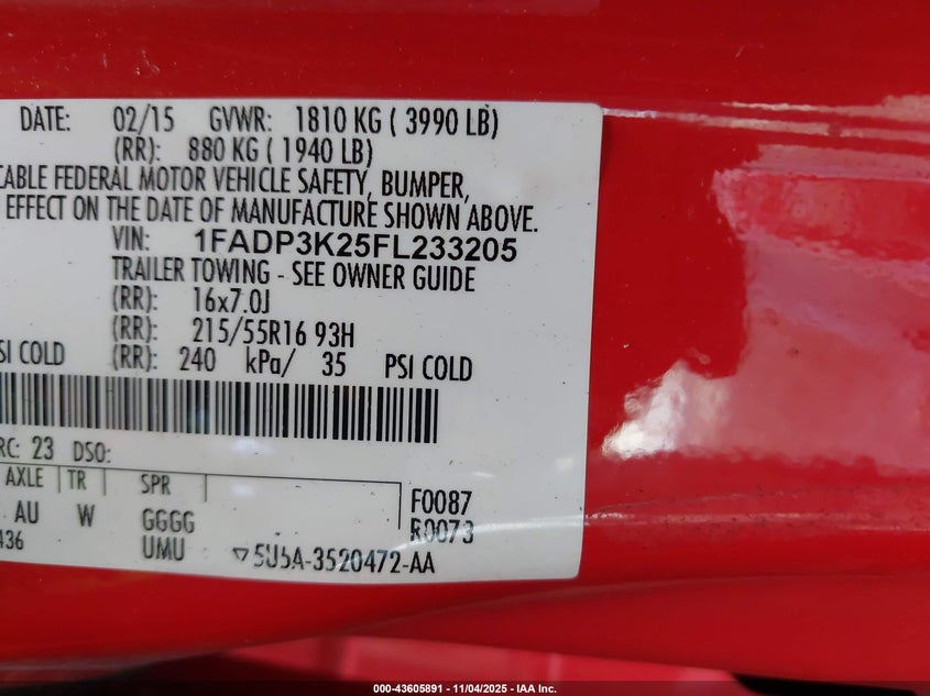 2015 FORD FOCUS SE - 1FADP3K25FL233205