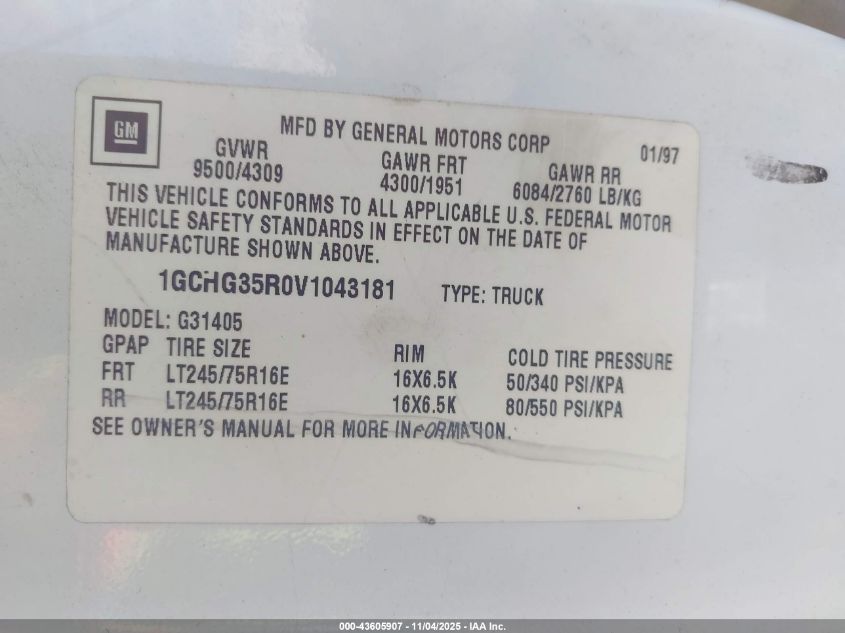 1997 Chevrolet Chevy Van VIN: 1GCHG35R0V1043181 Lot: 43605907