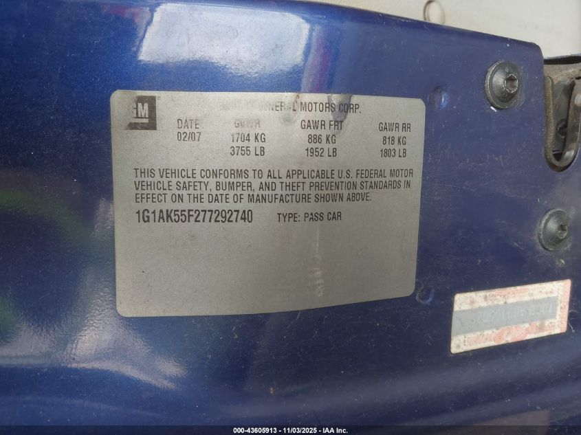 2007 Chevrolet Cobalt Ls VIN: 1G1AK55F277292740 Lot: 43605913