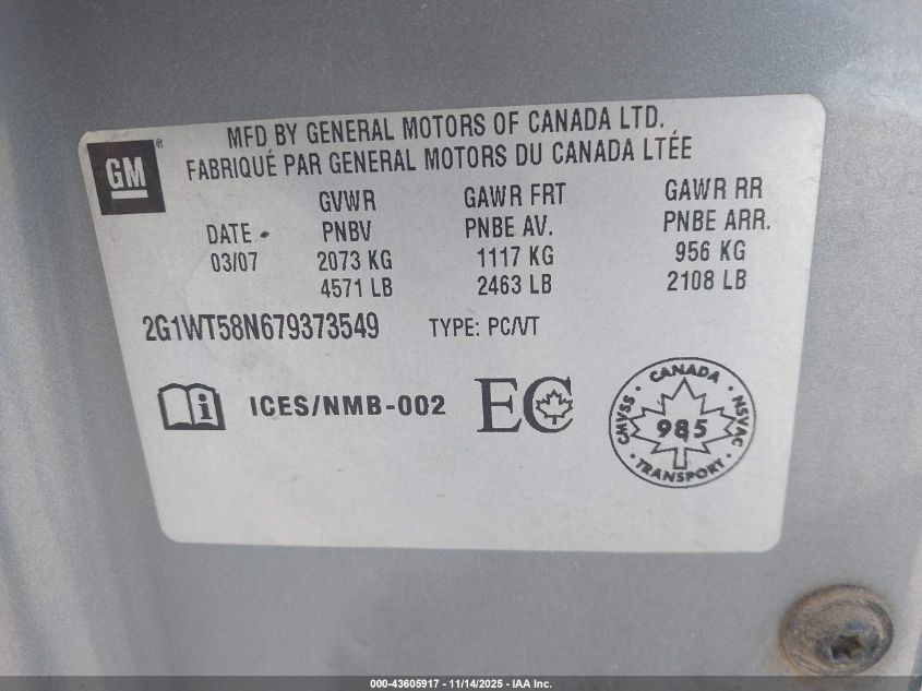 2007 Chevrolet Impala Lt VIN: 2G1WT58N679373549 Lot: 43605917