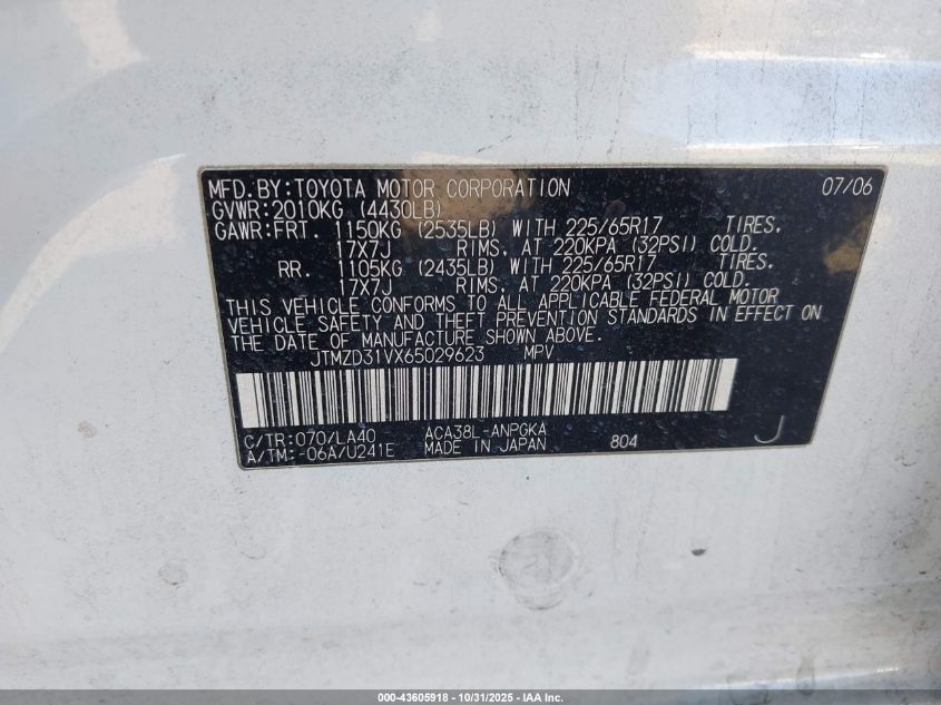 2006 Toyota Rav4 Limited VIN: JTMZD31VX65029623 Lot: 43605918