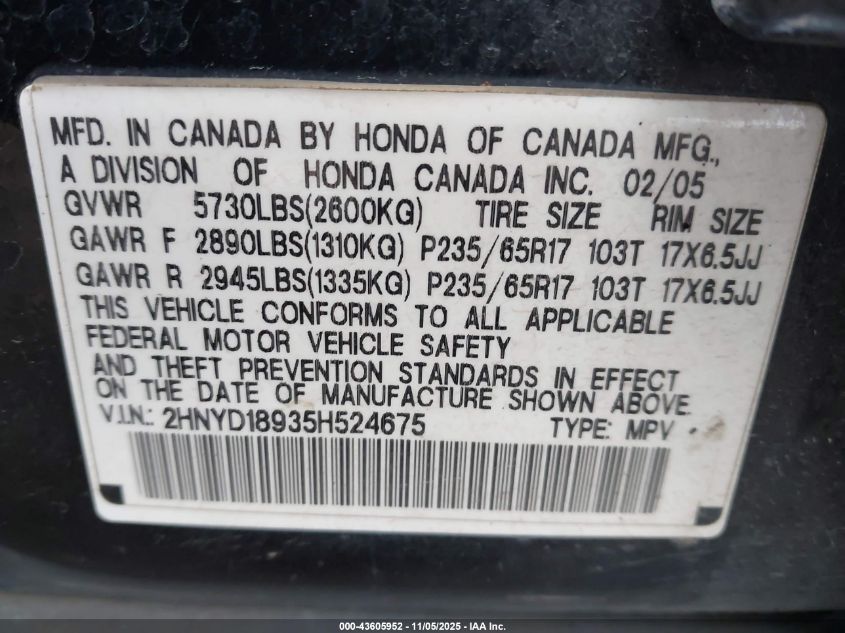 2005 Acura Mdx VIN: 2HNYD18935H524675 Lot: 43605952
