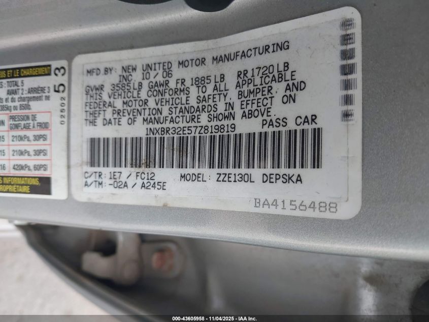 2007 Toyota Corolla S VIN: 1NXBR32E57Z819819 Lot: 43605958