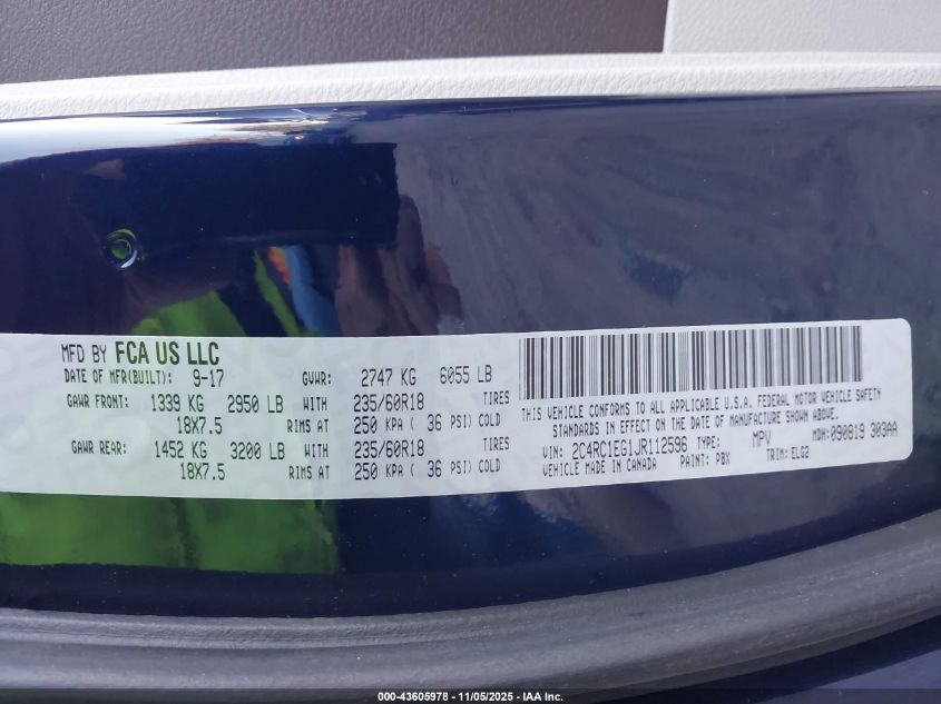 2018 Chrysler Pacifica Touring L Plus VIN: 2C4RC1EG1JR112596 Lot: 43605978