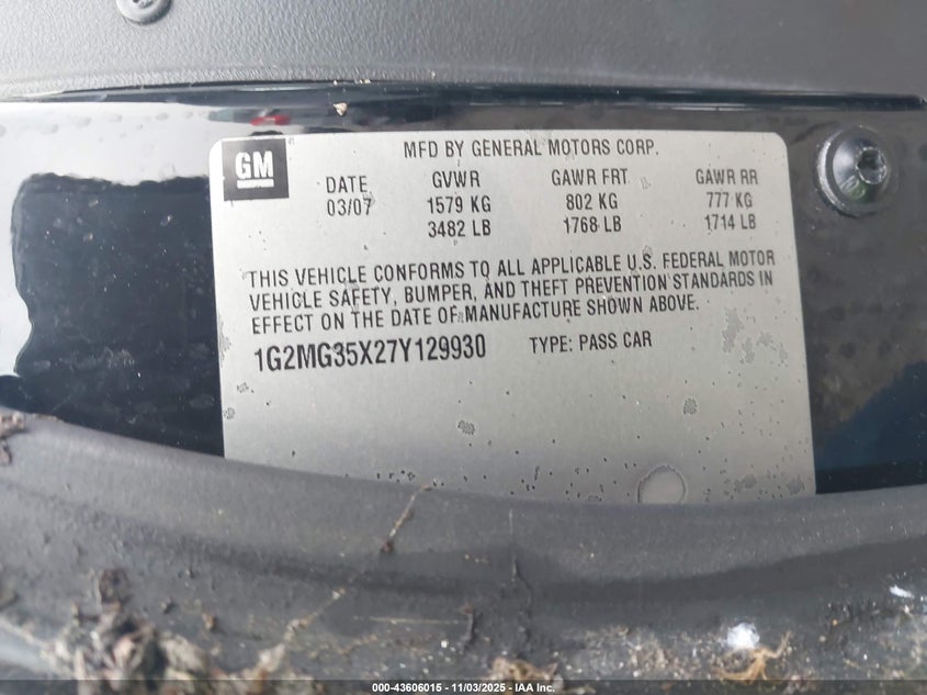 2007 Pontiac Solstice Gxp VIN: 1G2MG35X27Y129930 Lot: 43606015