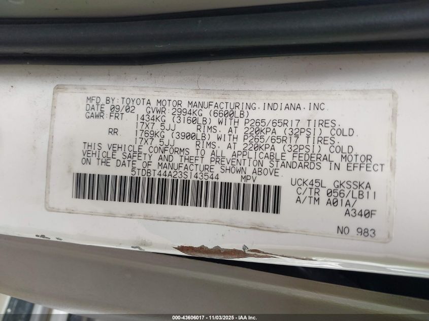 2003 Toyota Sequoia Sr5 V8 VIN: 5TDBT44A23S143544 Lot: 43606017