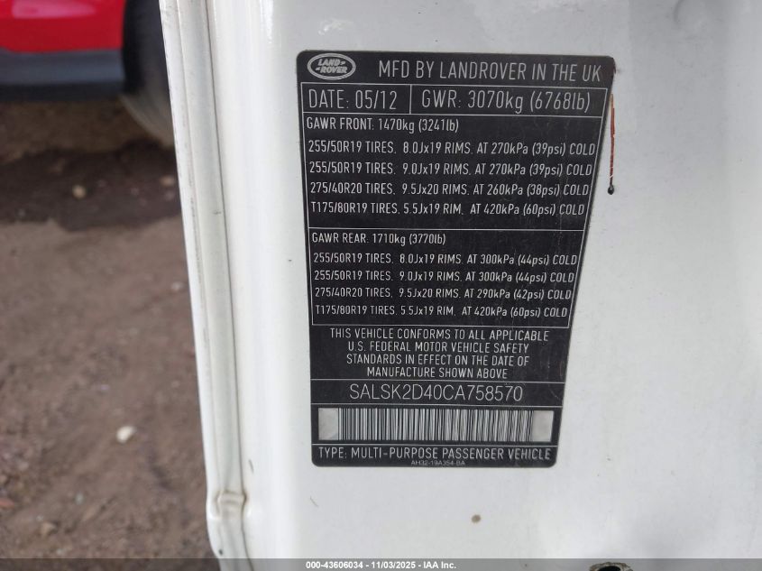 2012 Land Rover Range Rover Sport Hse VIN: SALSK2D40CA758570 Lot: 43606034