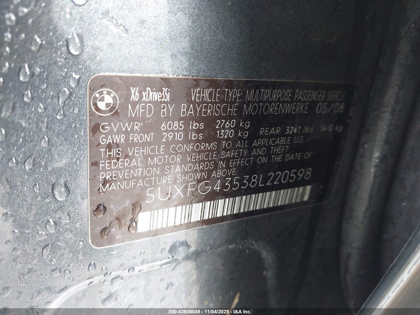 2008 BMW X6 xDrive35I VIN: 5UXFG43538L220598 Lot: 43606049