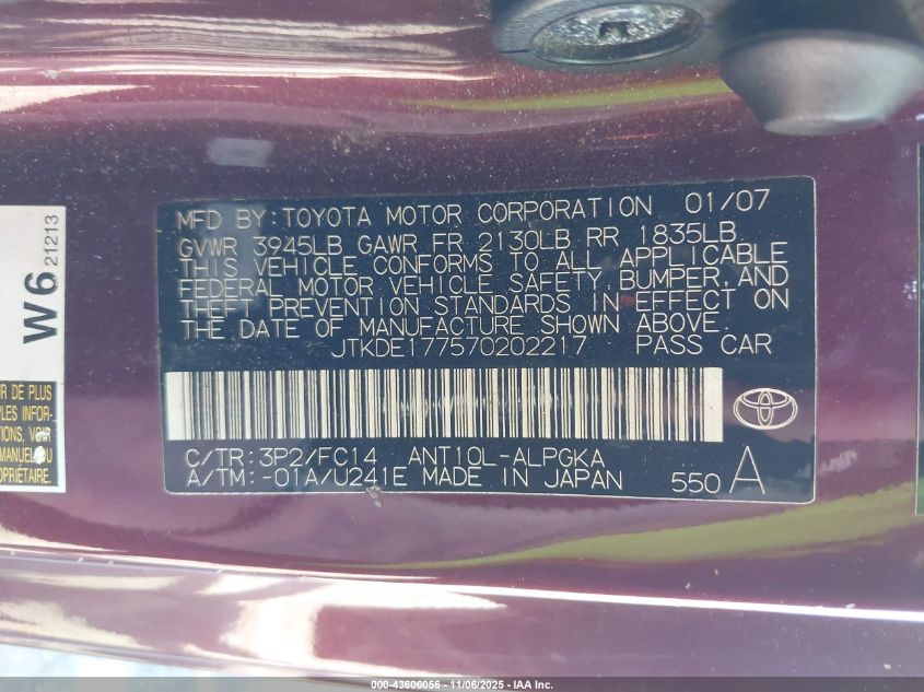 2007 Scion Tc VIN: JTKDE177570202217 Lot: 43606056