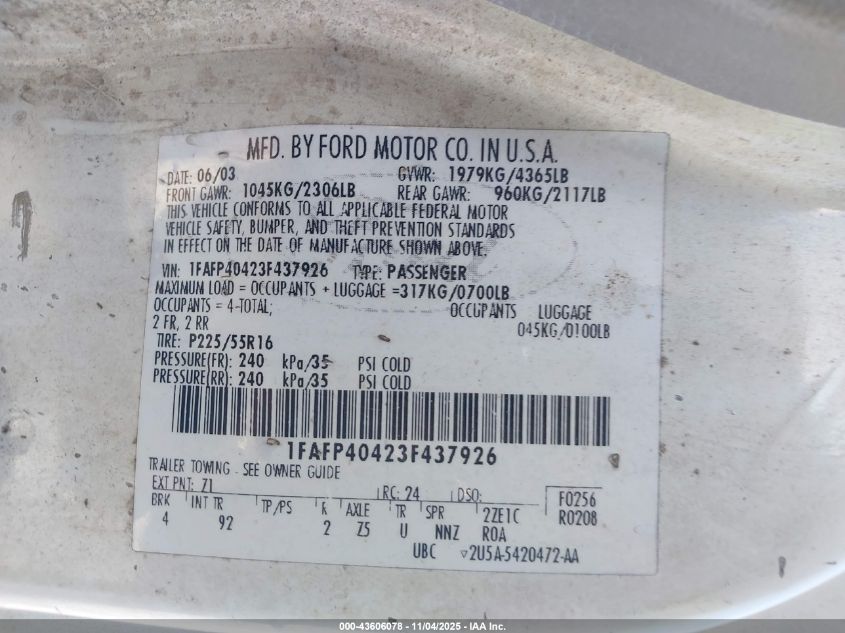 2003 Ford Mustang VIN: 1FAFP40423F437926 Lot: 43606078