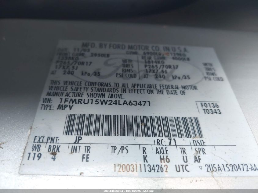 2004 Ford Expedition Xlt VIN: 1FMRU15W24LA63471 Lot: 43606094