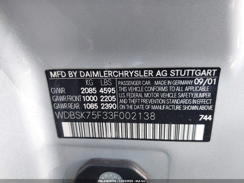 WDBSK75F33F002138 2003 MERCEDES-BENZ SL-KLASSE photo no. 9
