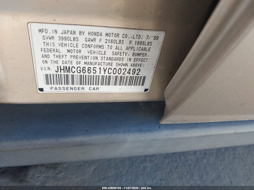 JHMCG6651YC002492 2000 HONDA ACCORD photo no. 9
