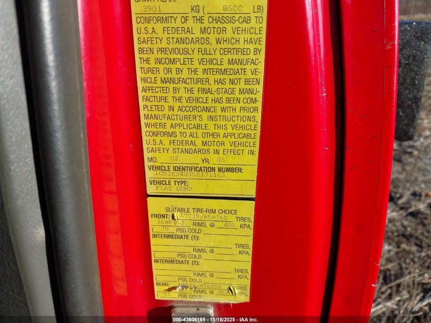 2005 Chevrolet Silverado 3500 Chassis Work Truck VIN: 1GBJK34U35E171143 Lot: 43606169