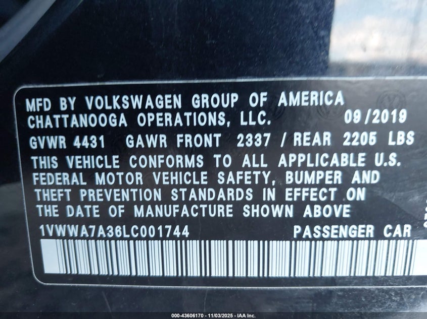 2020 VOLKSWAGEN PASSAT 2.0T SE 1VWWA7A36LC001744
