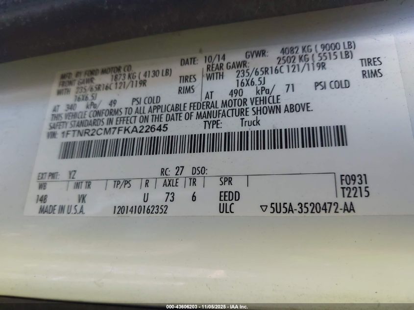 2015 Ford Transit-250 VIN: 1FTNR2CM7FKA22645 Lot: 43606203