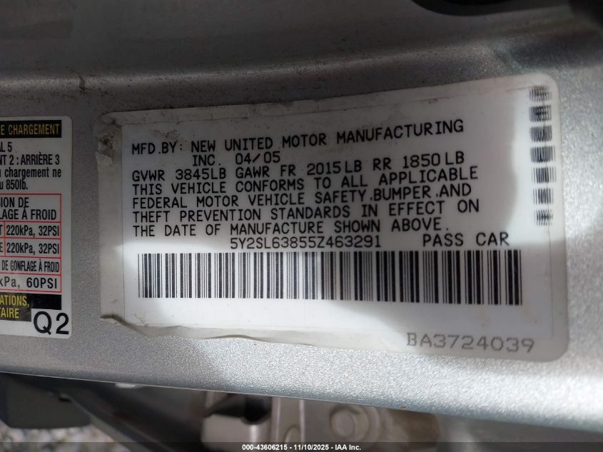 2005 Pontiac Vibe VIN: 5Y2SL63855Z463291 Lot: 43606215