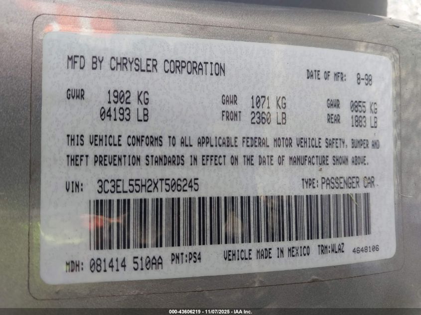 1999 Chrysler Sebring Jxi VIN: 3C3EL55H2XT506245 Lot: 43606219