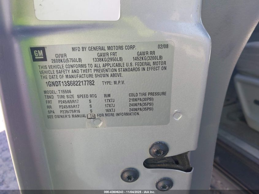 2008 Chevrolet Trailblazer Lt VIN: 1GNDT13S682217782 Lot: 43606243