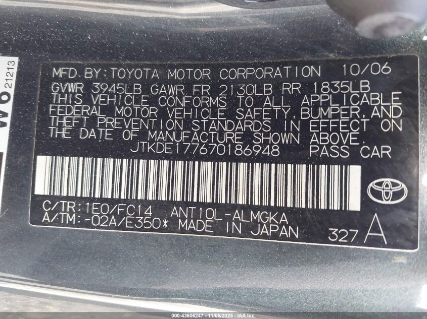 2007 Scion Tc VIN: JTKDE177670186948 Lot: 43606247