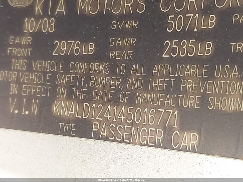 2004 Kia Amanti VIN: KNALD124145016771 Lot: 43606254