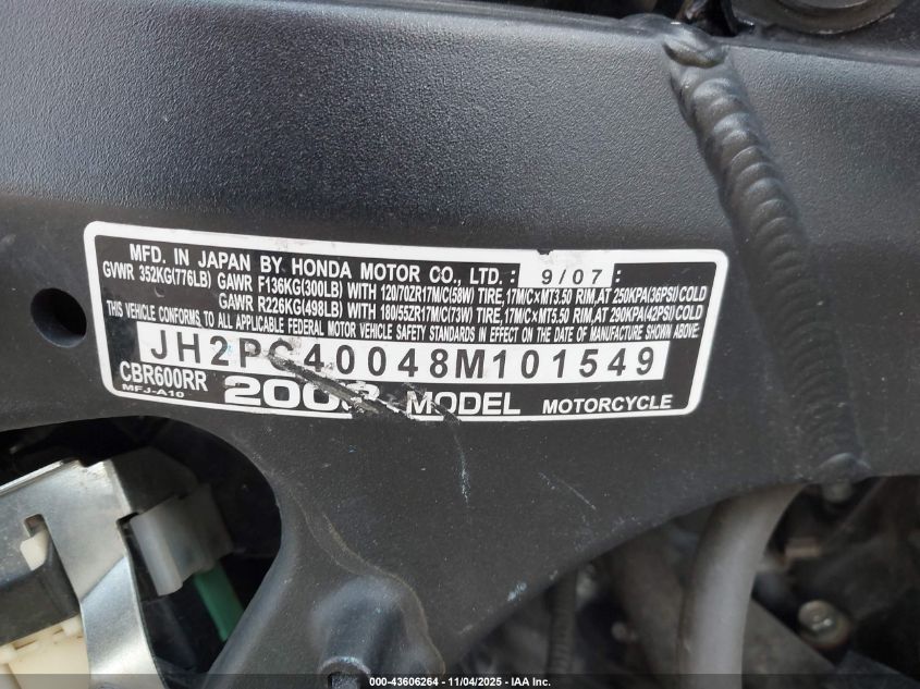 2008 Honda Cbr600 Rr VIN: JH2PC40048M101549 Lot: 43606264