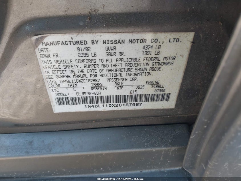 1N4BL11DX2C187987 2002 NISSAN ALTIMA photo no. 9