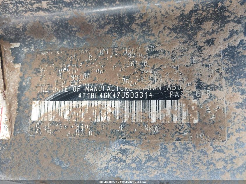 2007 Toyota Camry Le VIN: 4T1BE46K47U503314 Lot: 43606277
