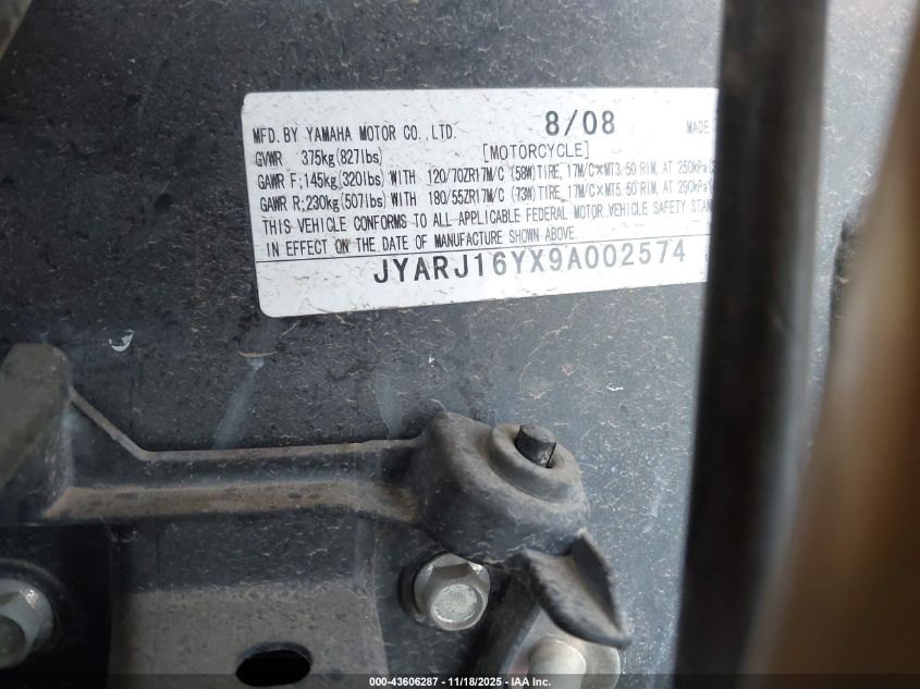 2009 Yamaha Yzfr6 C VIN: JYARJ16YX9A002574 Lot: 43606287