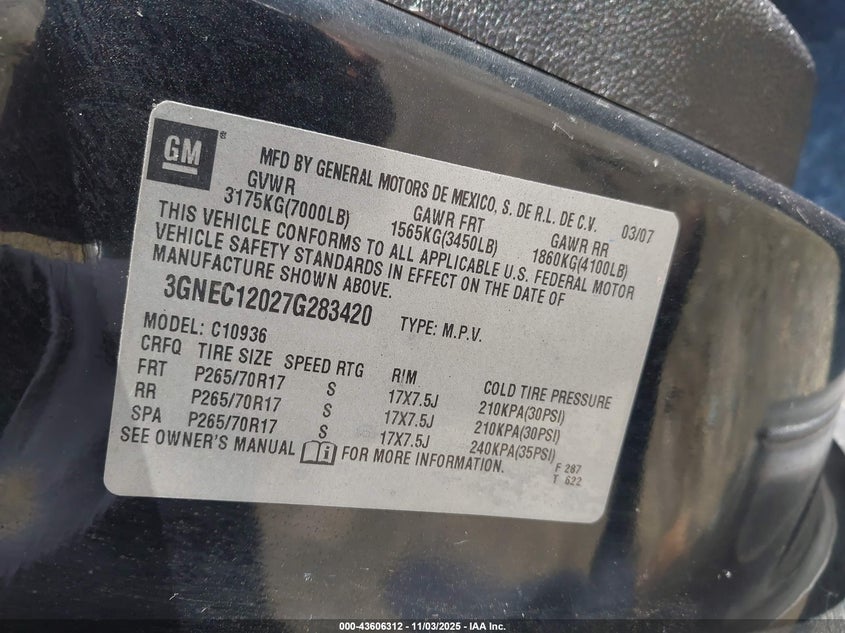 2007 Chevrolet Avalanche 1500 Lt VIN: 3GNEC12027G283420 Lot: 43606312