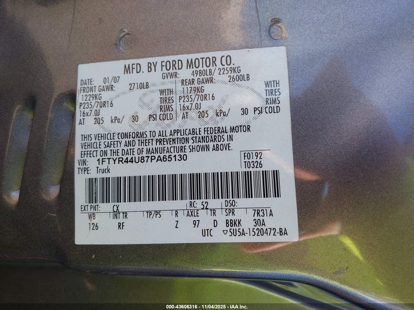 2007 Ford Ranger VIN: 1FTYR44U87PA65130 Lot: 43606316