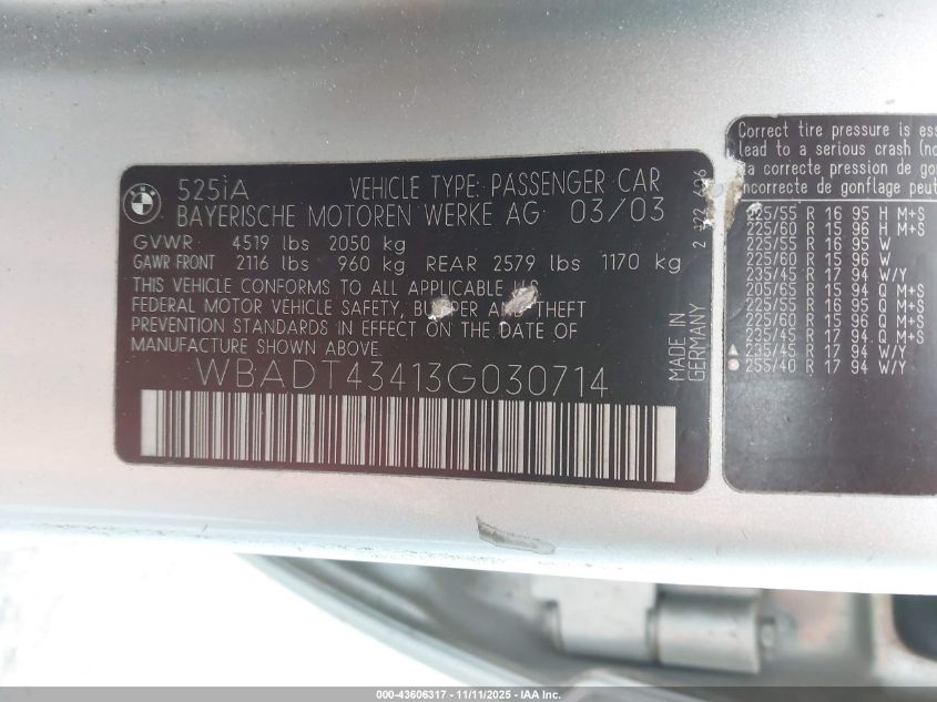 2003 BMW 525Ia VIN: WBADT43413G030714 Lot: 43606317
