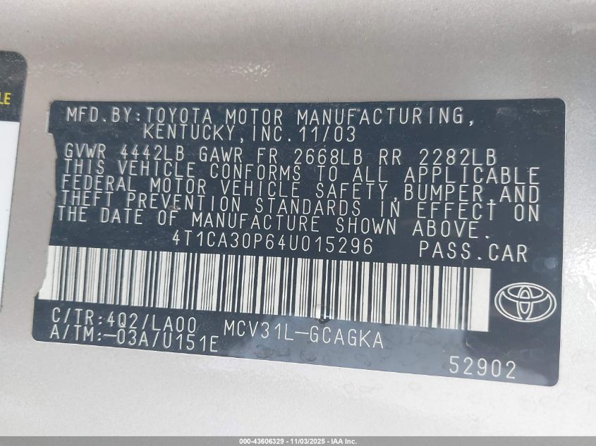 2004 Toyota Camry Solara Sle V6 VIN: 4T1CA30P64U015296 Lot: 43606329