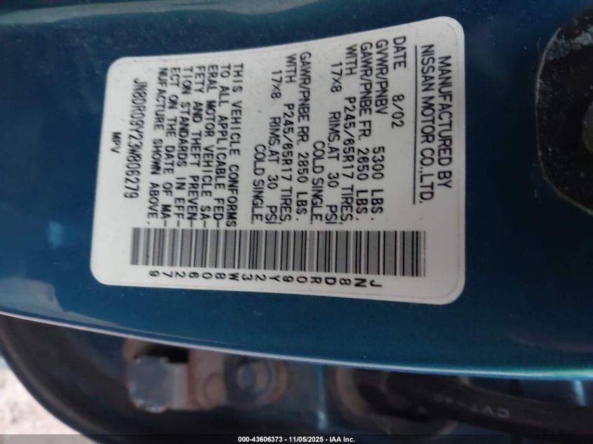 2003 Nissan Pathfinder Le VIN: JN8DR09Y23W806279 Lot: 43606373