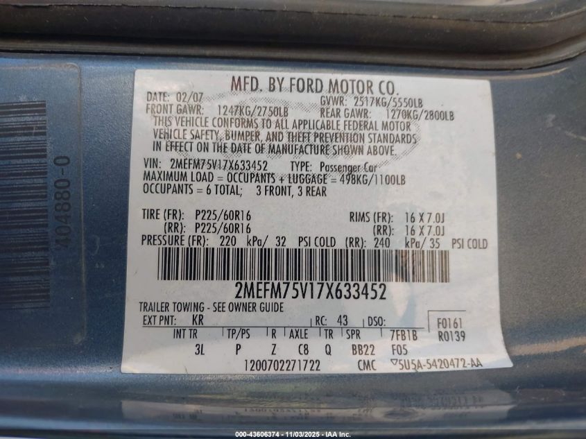 2007 Mercury Grand Marquis Ls VIN: 2MEFM75V17X633452 Lot: 43606374