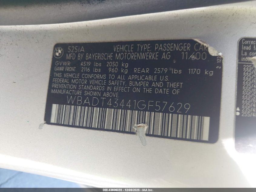 2001 BMW 525Ia VIN: WBADT43441GF57629 Lot: 43606378