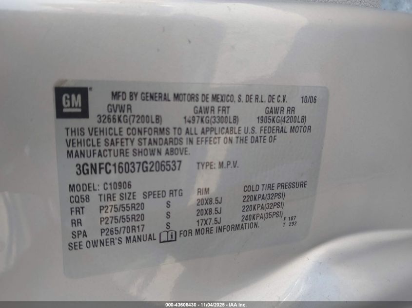 2007 Chevrolet Suburban 1500 Ltz VIN: 3GNFC16037G206537 Lot: 43606430