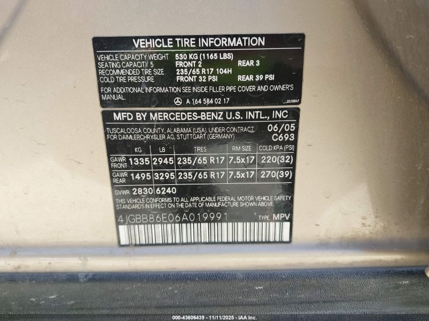 2006 Mercedes-Benz Ml 350 4Matic VIN: 4JGBB86E06A019991 Lot: 43606439