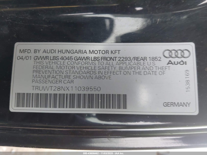 2001 Audi Tt VIN: TRUWT28NX11039550 Lot: 43606462