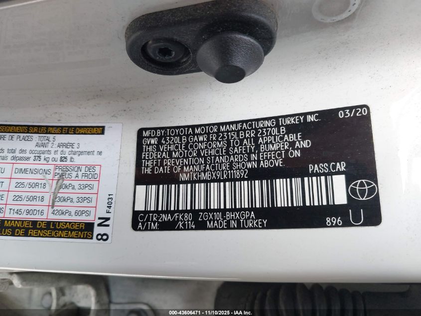 2020 Toyota C-Hr Xle VIN: NMTKHMBX9LR111892 Lot: 43606471