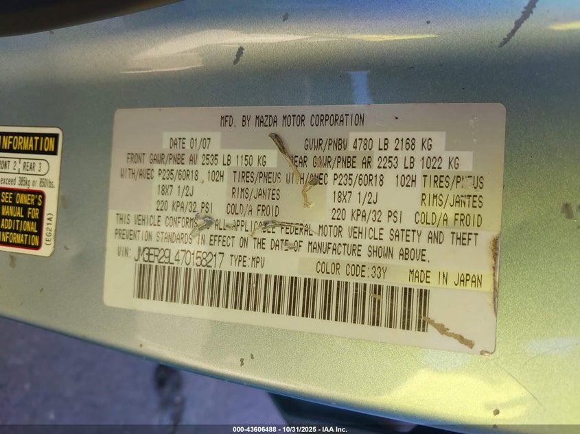 2007 Mazda Cx-7 Sport VIN: JM3ER29L470158217 Lot: 43606488