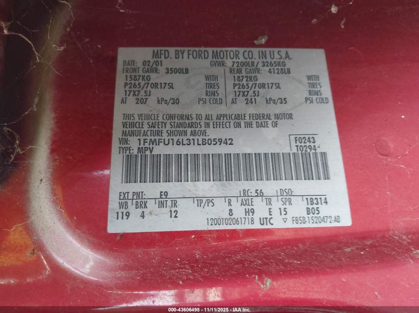2001 Ford Expedition Xlt VIN: 1FMFU16L31LB05942 Lot: 43606498
