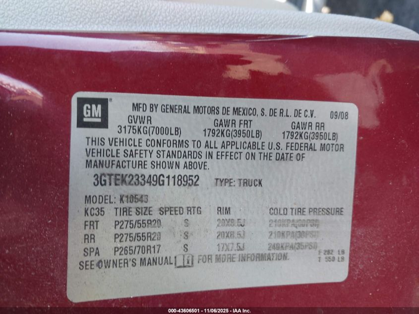 2009 GMC Sierra 1500 Sle VIN: 3GTEK23349G118952 Lot: 43606501